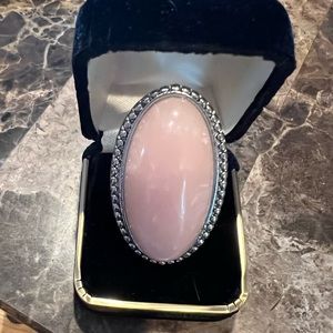 Rose Quartz Cabochon Ring Silver Beading & Stone Hammered Design Silver Plated